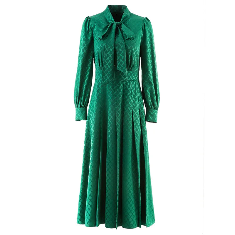 Elegant Green Pleated Long Sleeve Dress With Bow Collar