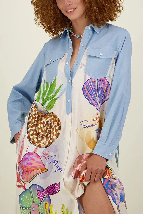 Personality Printed Long Sleeve Single Breasted Shirt with Lapel Collar and Skirt Set for Women