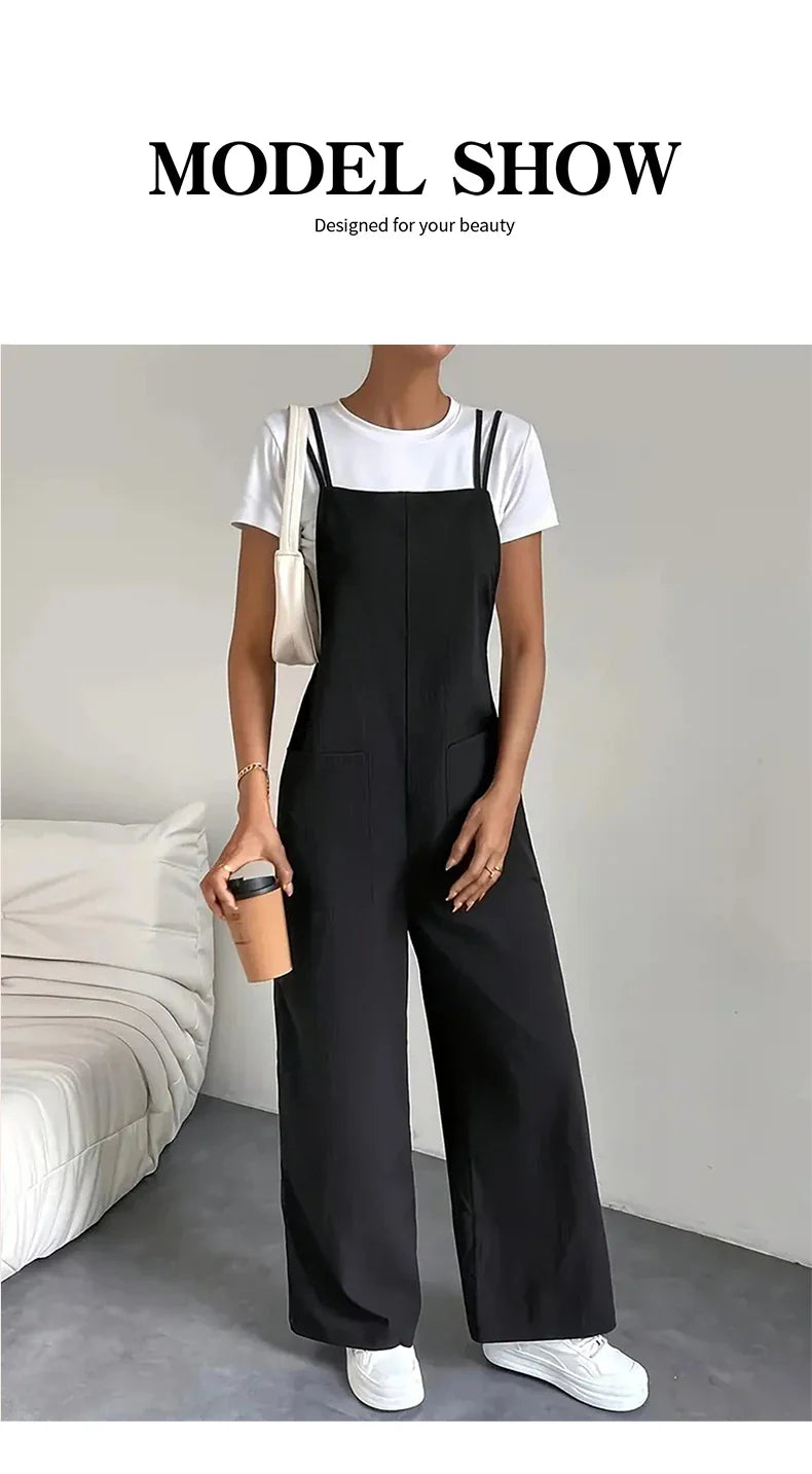 Stylish Casual Camisole Jumpsuit with Pocket Detail Wide Leg Straight Cut Women's Jumpsuit Set