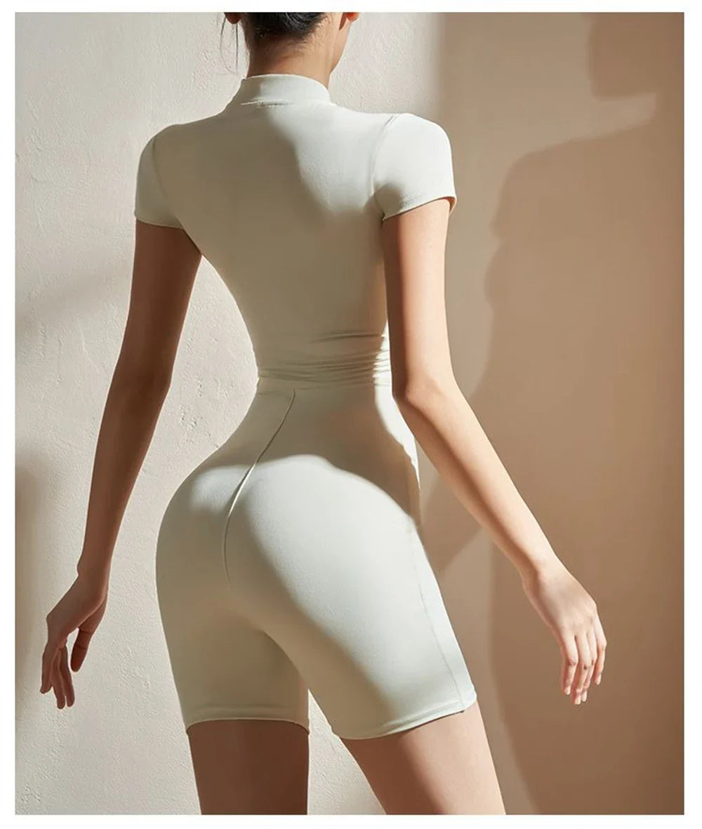 Womens Slim Fit Yoga Jumpsuit Short Sleeve One Piece Stretch Playsuit Romper with Front Zipper for Fitness and Sport