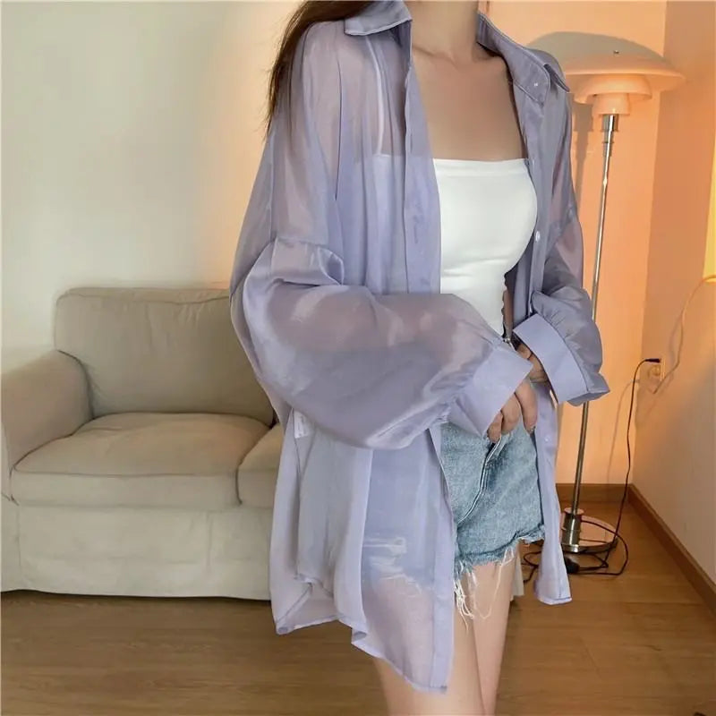 Women's Lightweight Sheer Chiffon Sunscreen Blouse Loose Fit Breathable Summer Shirt All Match Sun Protection Top