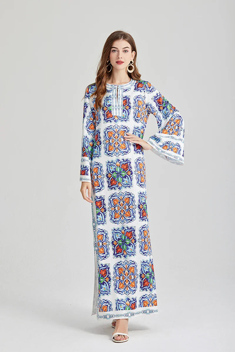 Bohemian Maxi Dress Floral Print Long Sleeve O Neck