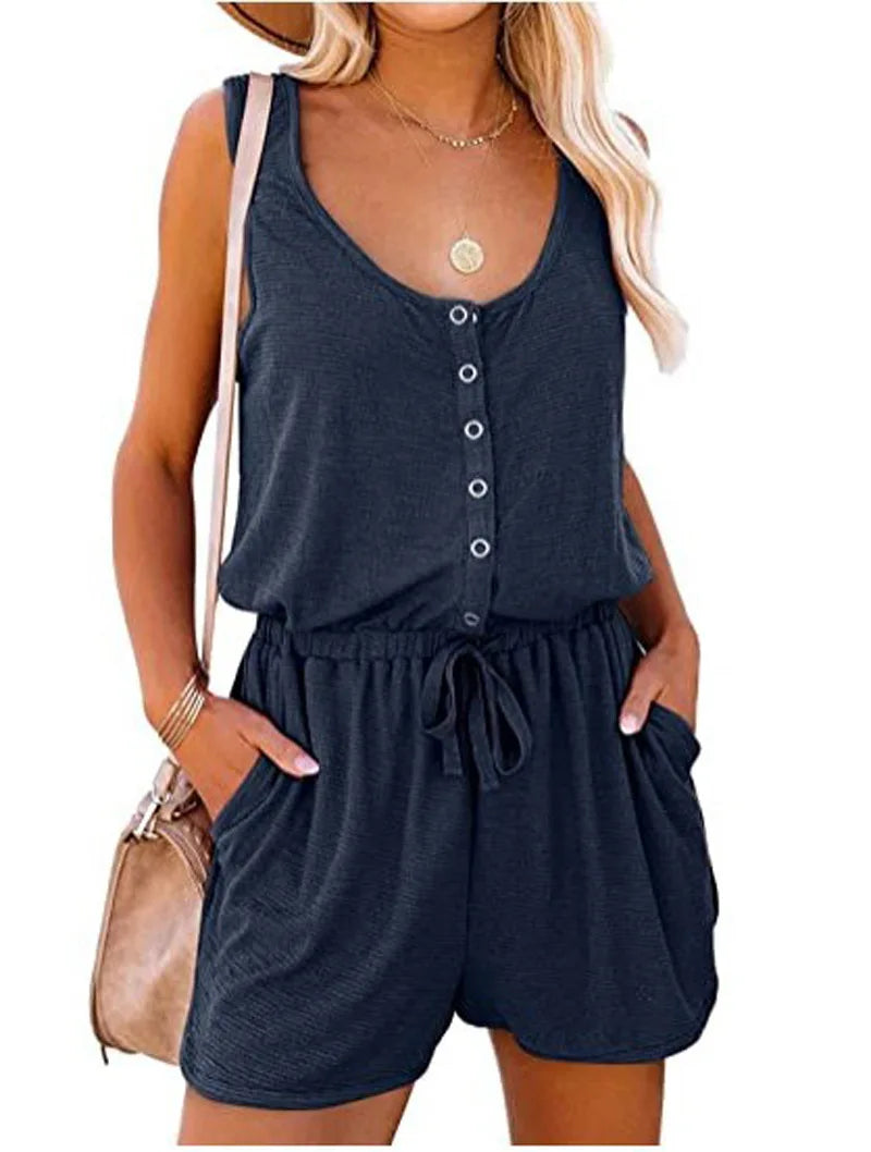 Sleeveless Summer Jumpsuit for Women with Waist Tie Casual Loose Fit Wide Leg Shorts