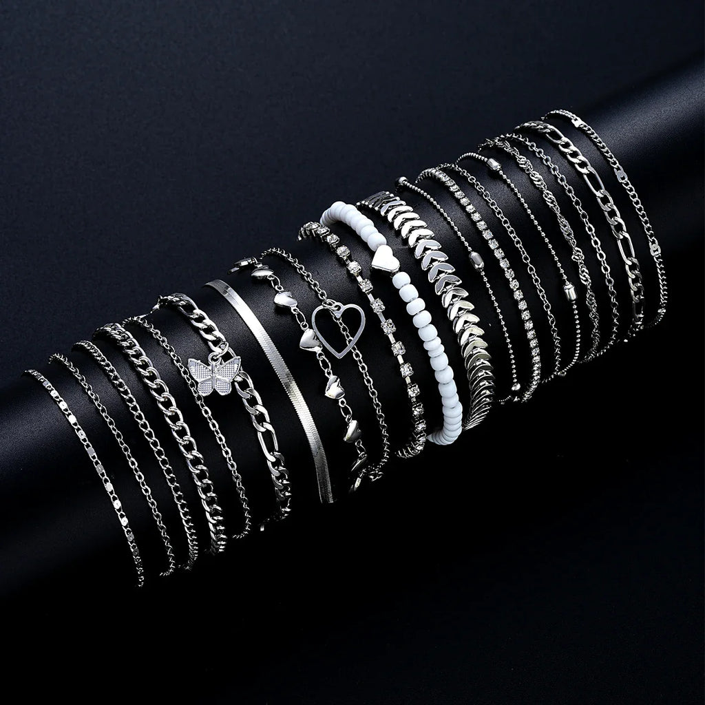 19 Pieces Silver Color Anklet Set for Women with Pearl Butterfly Heart and Crystal Foot Chains Daily Fashion Jewelry
