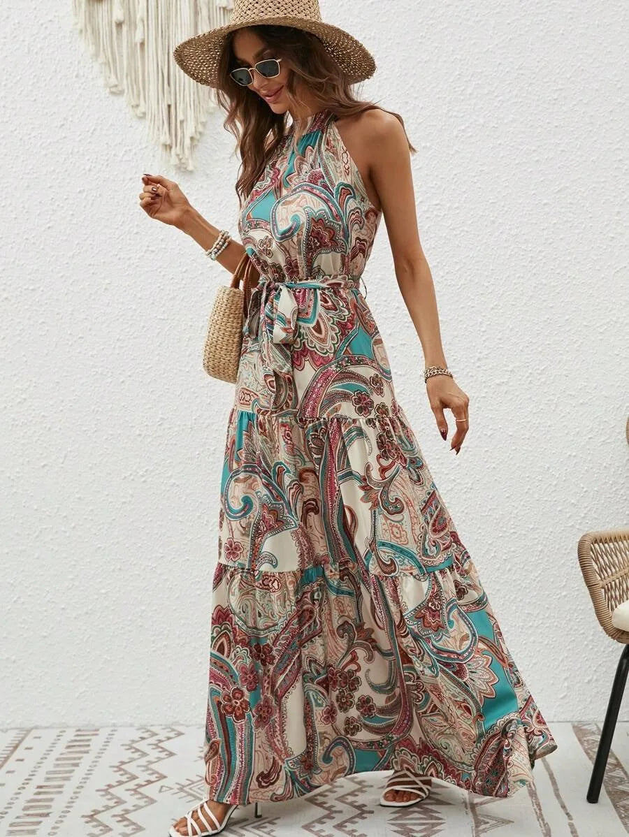 Bohemian Print Maxi Dress Halter Neck Zipper Closure