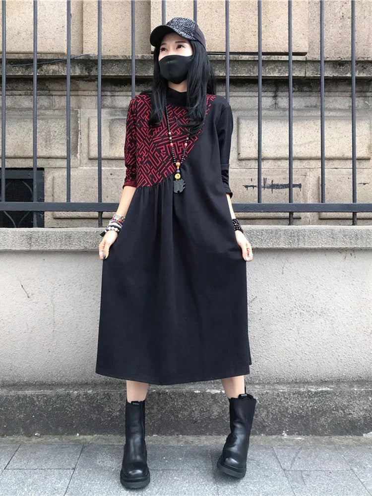 Loose Printed Turtleneck Dress For Women Elegant Casual