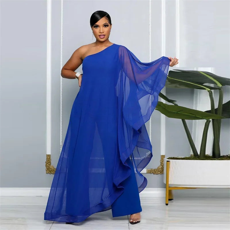 Elegant Chiffon One Shoulder Wide Leg Jumpsuit for Women Evening Party Birthday Romper Overalls Stylish One Piece Combinaison Femme