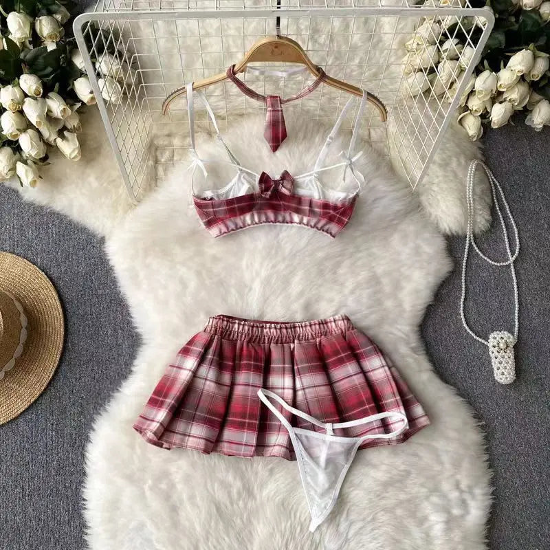 Sexy Schoolgirl Lingerie Set Plaid Necktie Top and Skirt Erotic Cosplay Costume Uniform