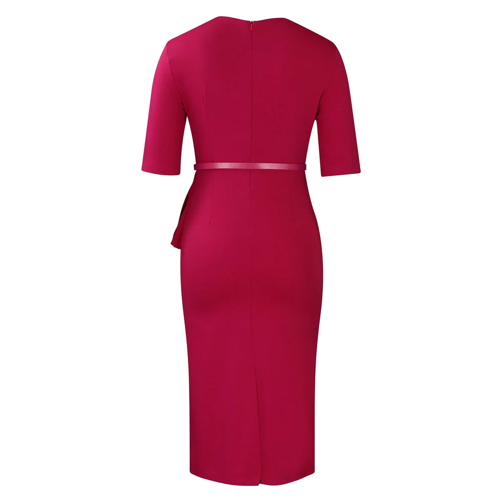 Women Square Neck Bodycon Midi Dress Belted For Work
