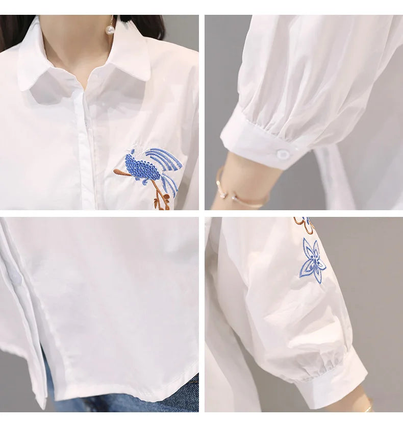 Embroidered Five-Point Sleeve Summer Shirt for Women Lightweight Lapel Casual Top with Elegant Literary Style and Versatile Temperament