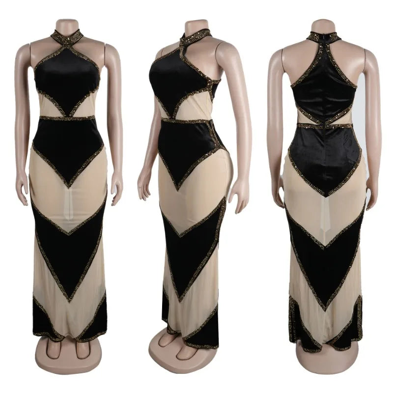 Sexy Halter Rhinestone Mesh See Through Maxi Party Dress