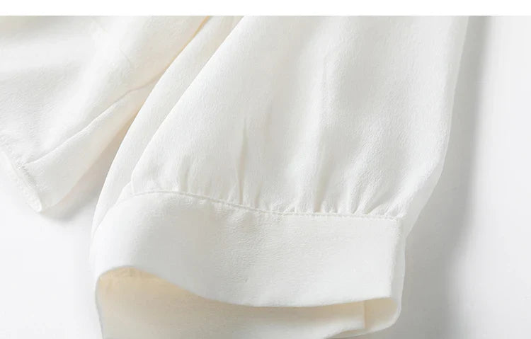 Women 100 Percent Mulberry Crepe Silk White Blouse Lantern Sleeves Bow-Tie Hem Loose Fit Office Top