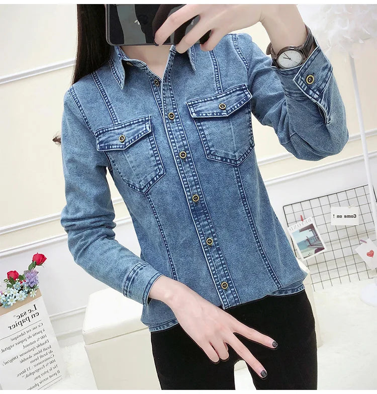 Women's High Quality Denim Shirt Long Sleeve Single Button Blouse with Pockets Casual Korean Style Autumn Winter Top
