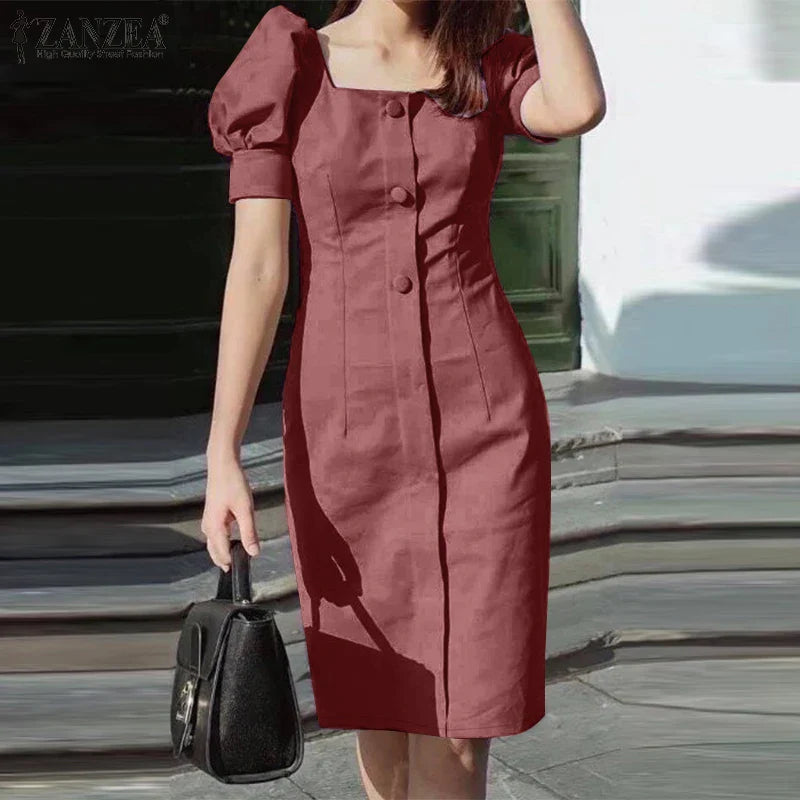 Puff Sleeve Square Collar Sheath Dress For Women Summer