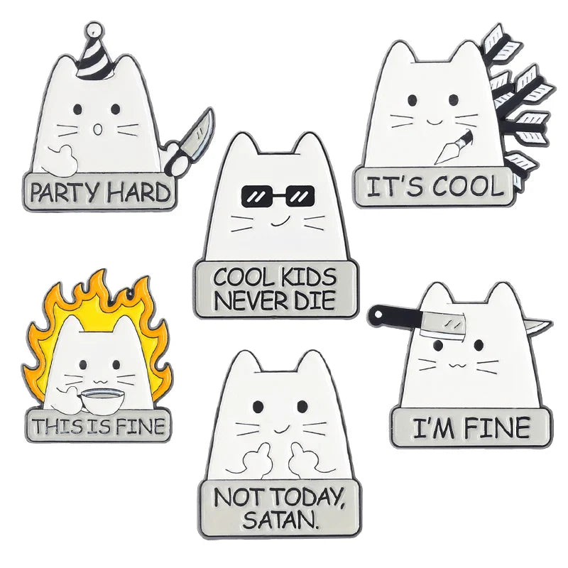 Cute Cat Enamel Pins Set of 4 to 6 Black Fluid Cat Brooches Lapel Badges Unique Animal Jewelry Gift