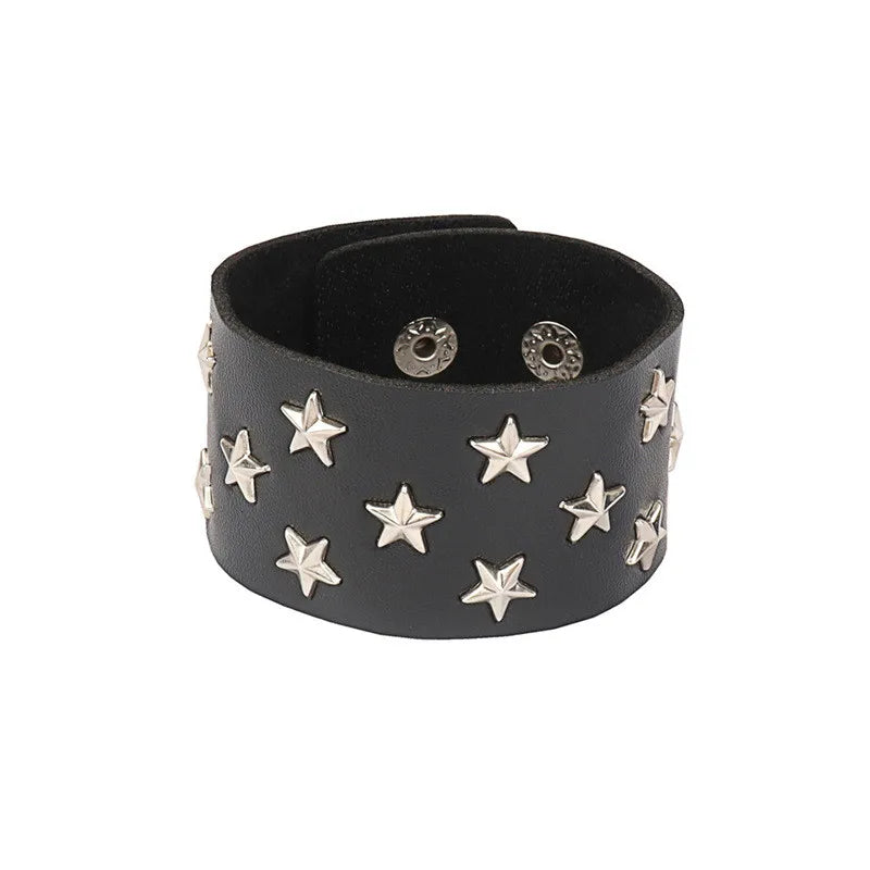 90s Fashion Punk Style Spiked PU Leather Bracelet with Square Studs and Multi-Row Design