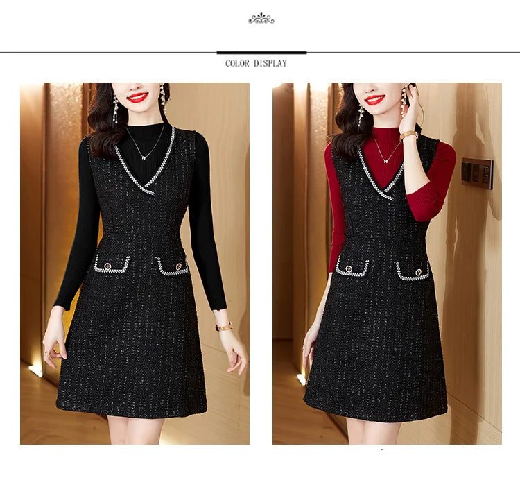 Women Tweed Sweater Vest Dress Two Piece Set For Office