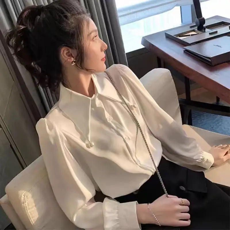 Spring Elegant Women Chiffon Blouse with Beaded Pointed Collar Loose Fit Long Sleeve Office Shirt Top