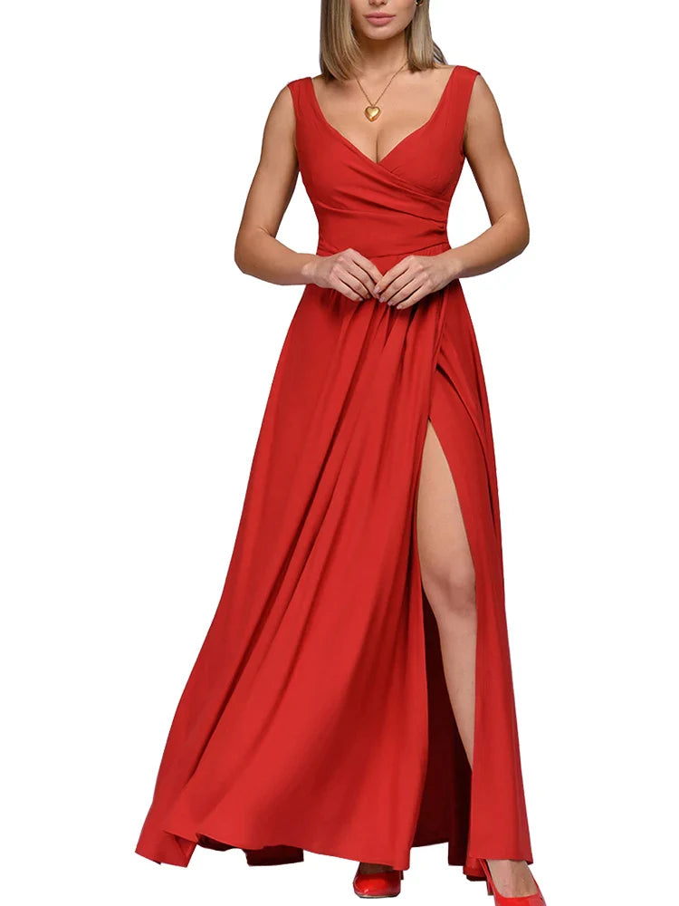 Deep V Neck Sleeveless Maxi Dress With Slit High Waist
