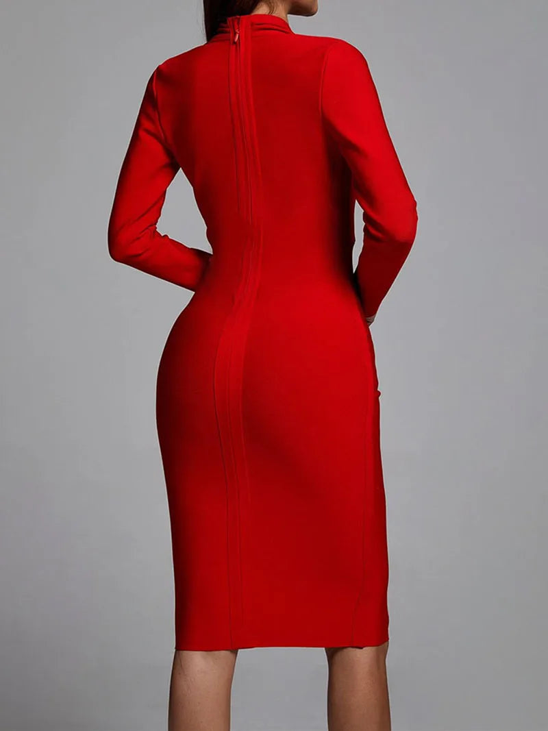 Colorful Deep V Bandage Dress Long Sleeve Bodycon Dress