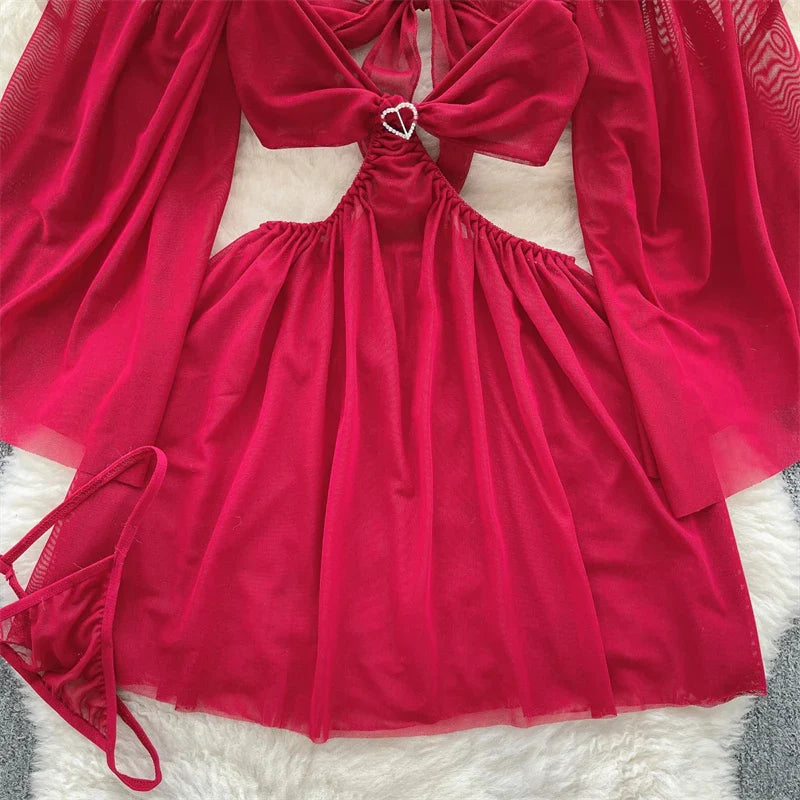 Two Piece See Through Mesh Lingerie Set Hollow Out Dress
