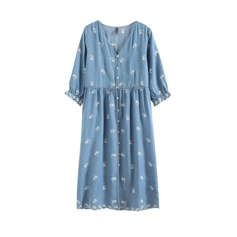 Womens V Neck Embroidered Dress Casual Elegant Short Sleeve