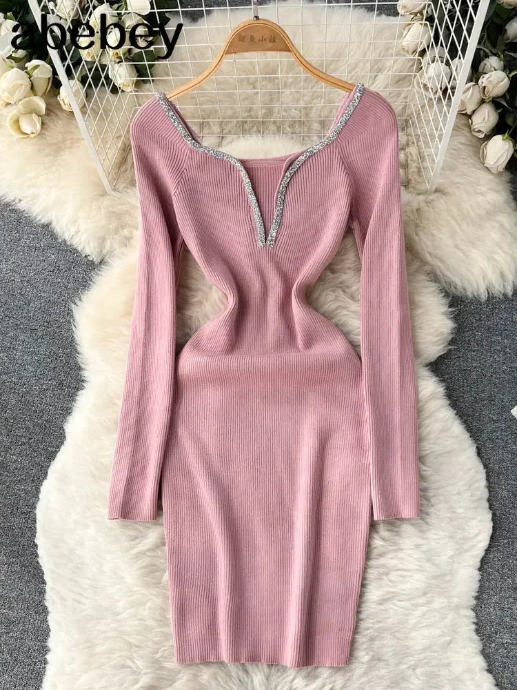 Knit Bodycon Dress For Women Long Sleeve Winter Sweater