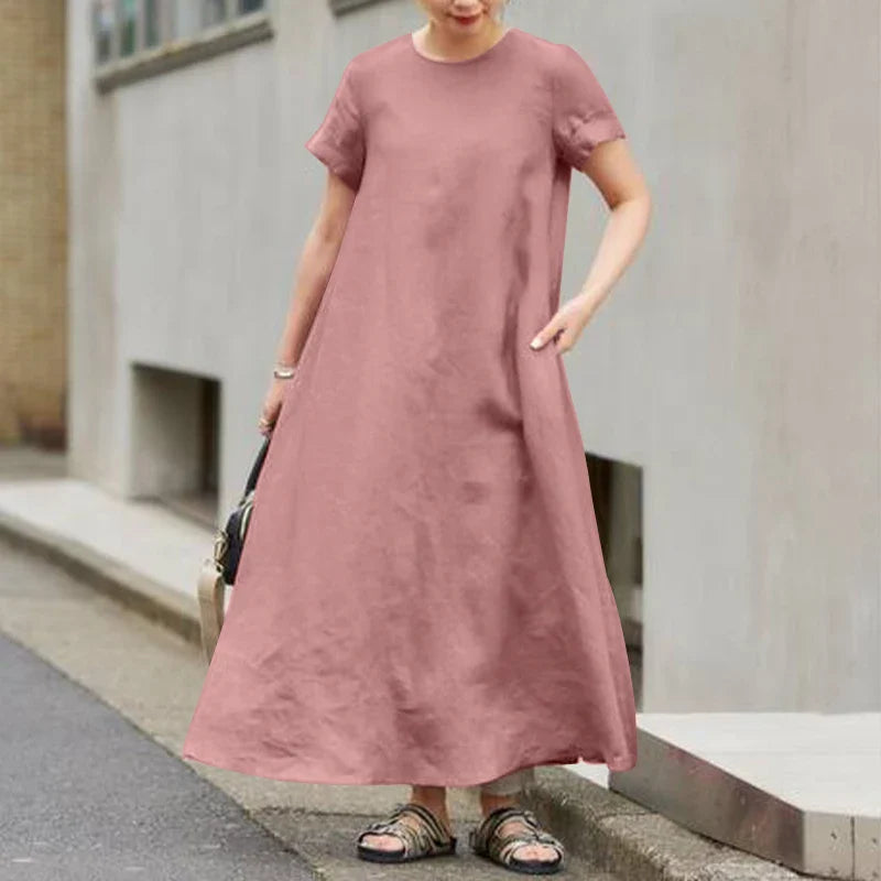 Summer Maxi Dress Women O Neck Short Sleeve Sundress A Line