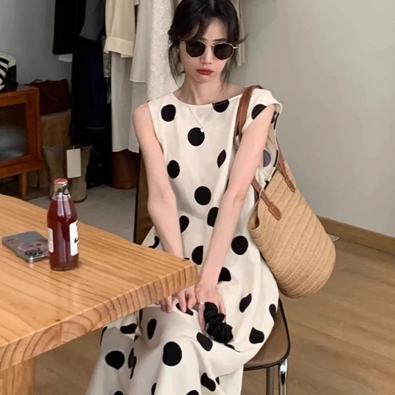 Sleeveless Maxi Dress For Women Side Slit Dot Print