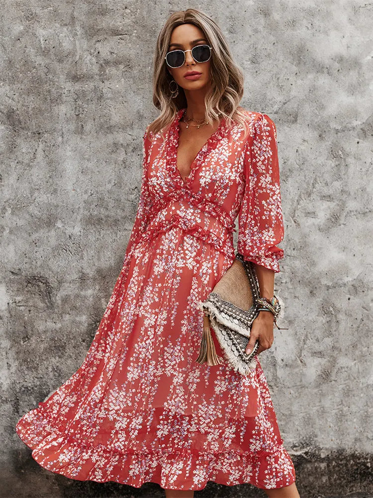 Floral Chiffon Maxi Dress With V Neck And Butterfly Sleeves