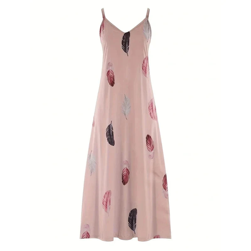 Feather Print Maxi Dress V Neck All Season Comfort Stretch