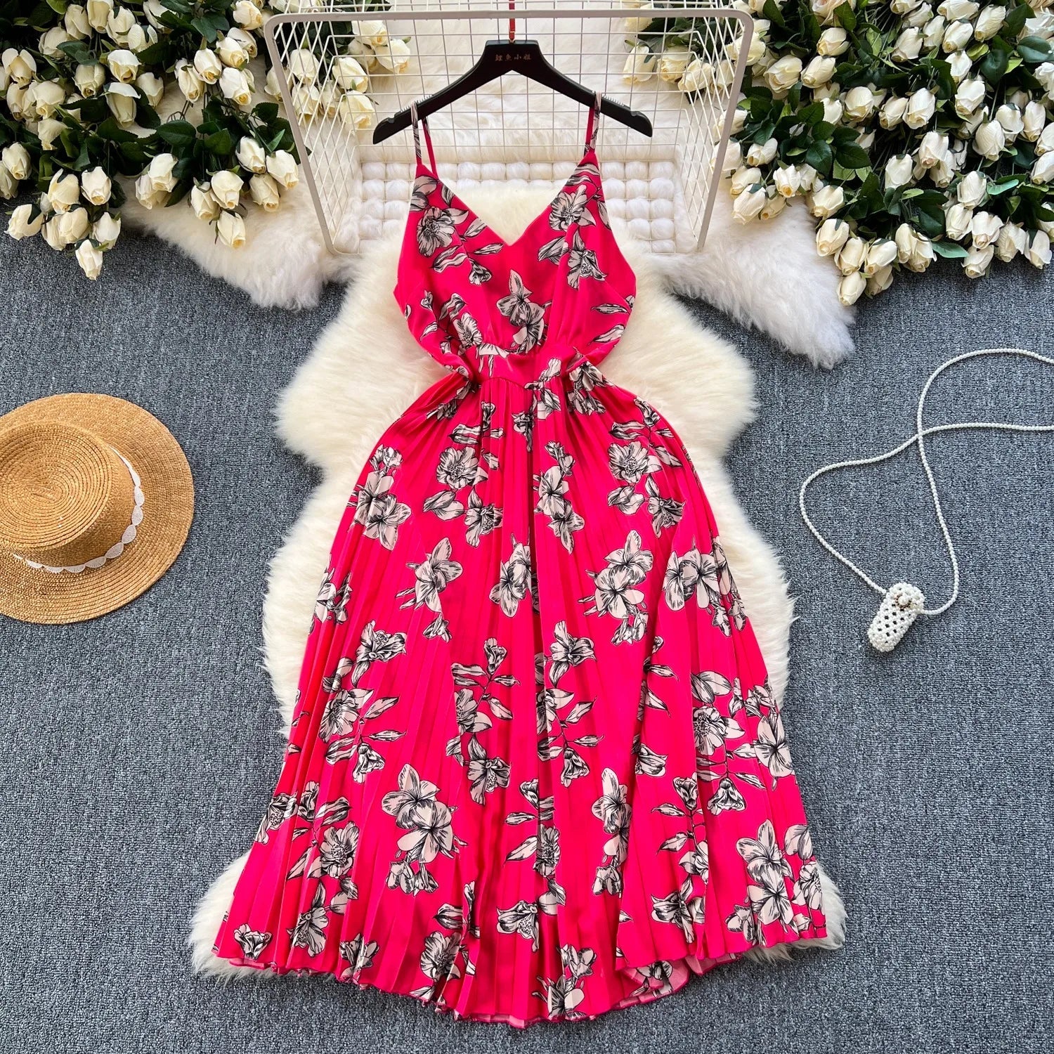 Floral Print Maxi Dress High Waist Spaghetti Strap Backless