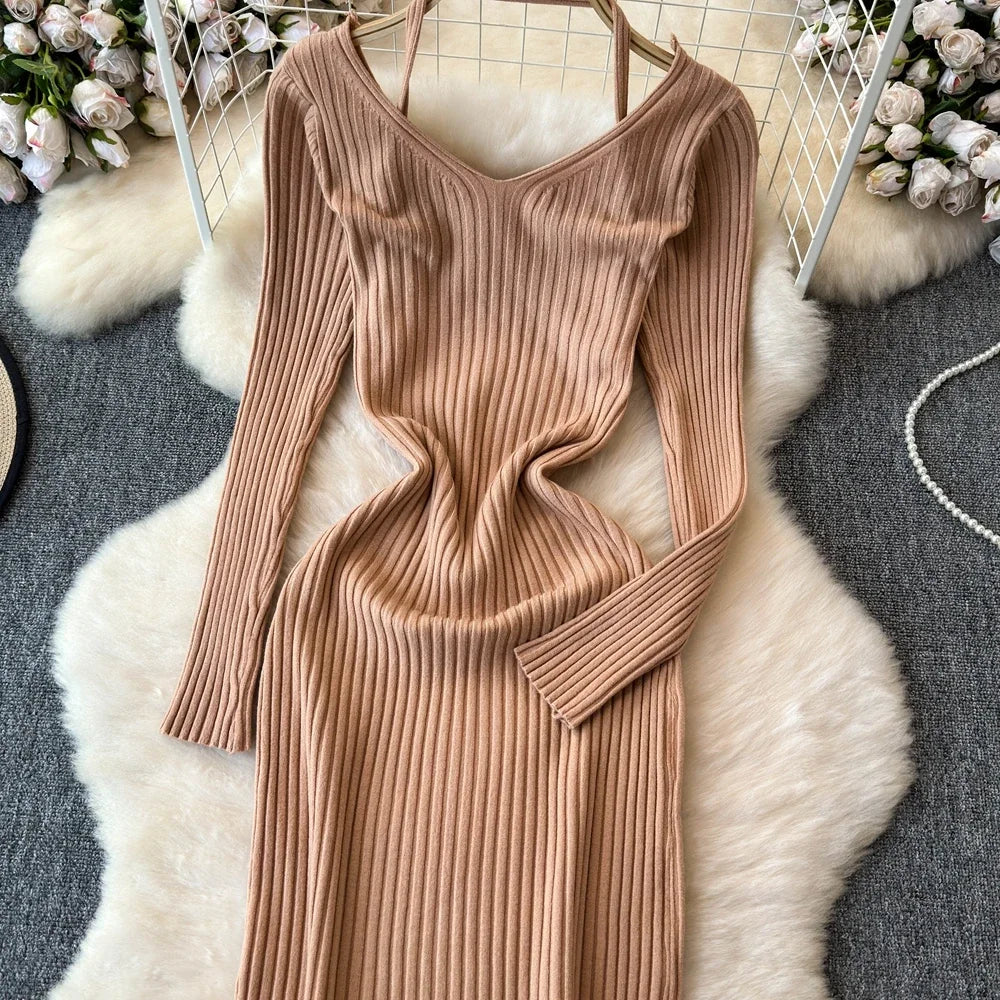 White Long Sleeve V Neck Lace Up Elegant Dress For Women