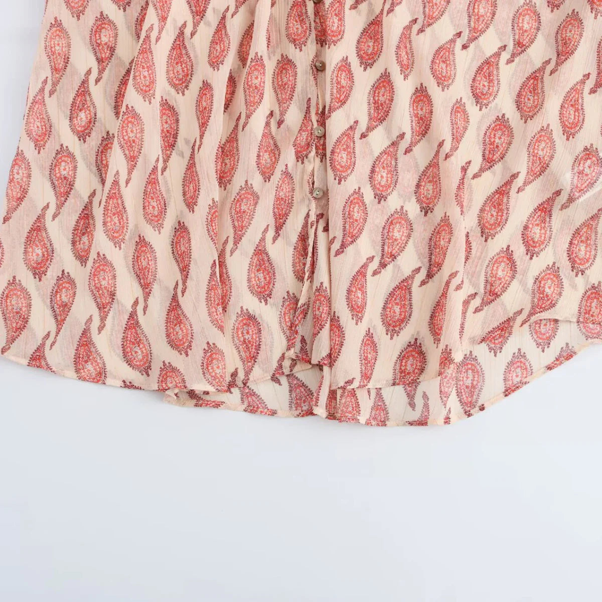 Womens Printed Shirt with Metallic Thread Ruffle Collar Drawstring Long Sleeve Single Breasted Chic Top