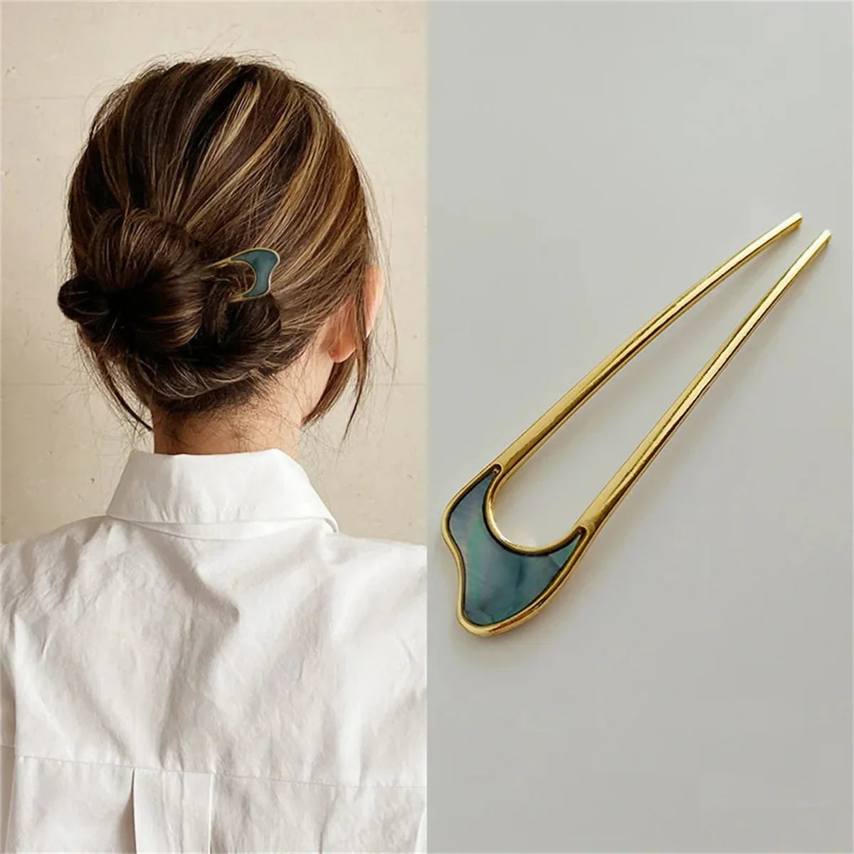 Elegant U Shape Hair Stick for Women in Silver and Gold Color with Shell Enamel Design