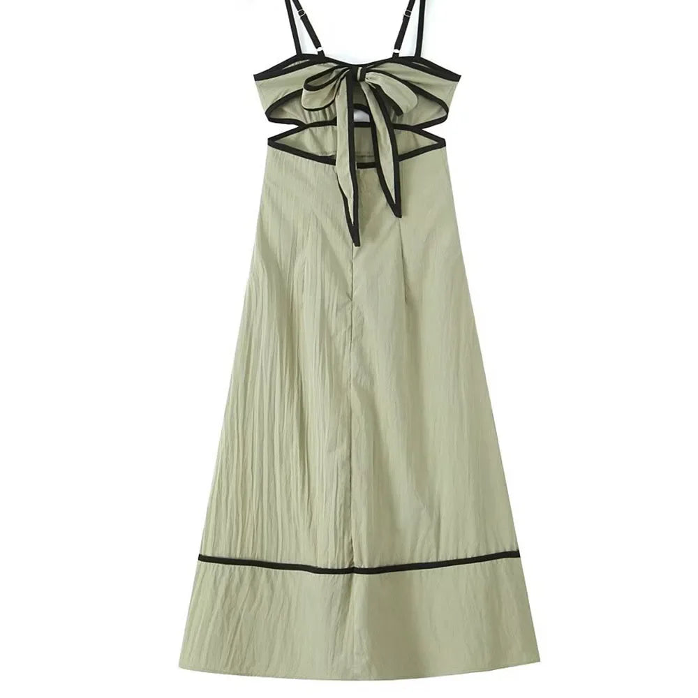 Hollow Out Spaghetti Strap Midi Dress High Waist A Line