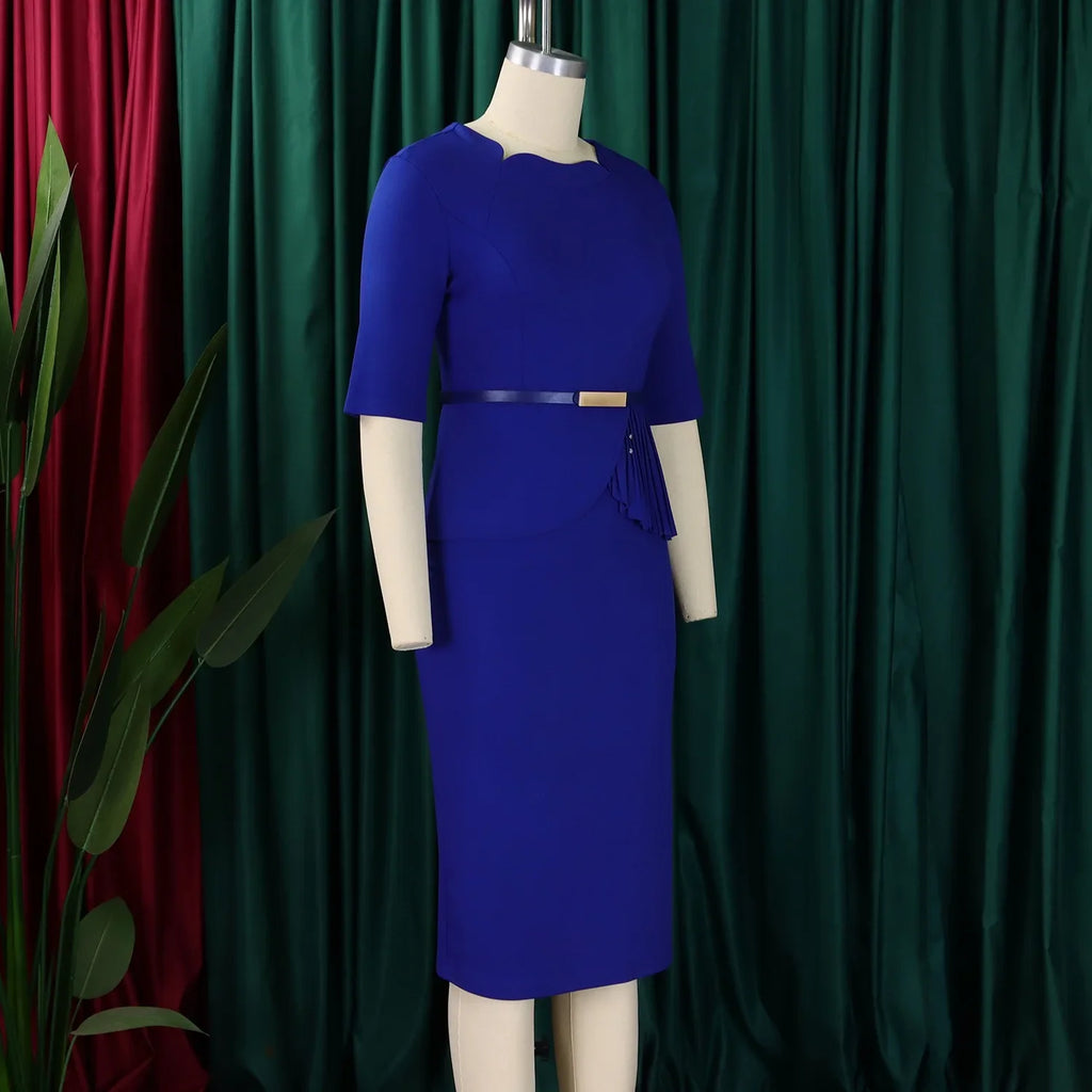 Women Square Neck Bodycon Midi Dress Belted For Work