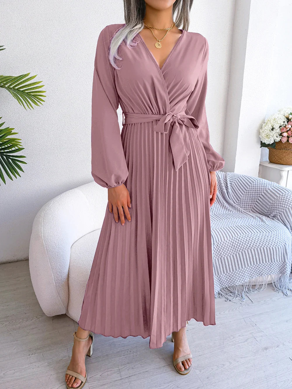 Elegant Surplice Neck Pleated Maxi Dress With Belt Flair