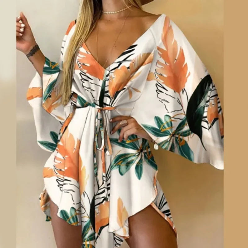 Printed Beach Resort Dress V Neck Bat Wing Sleeve Lace Up