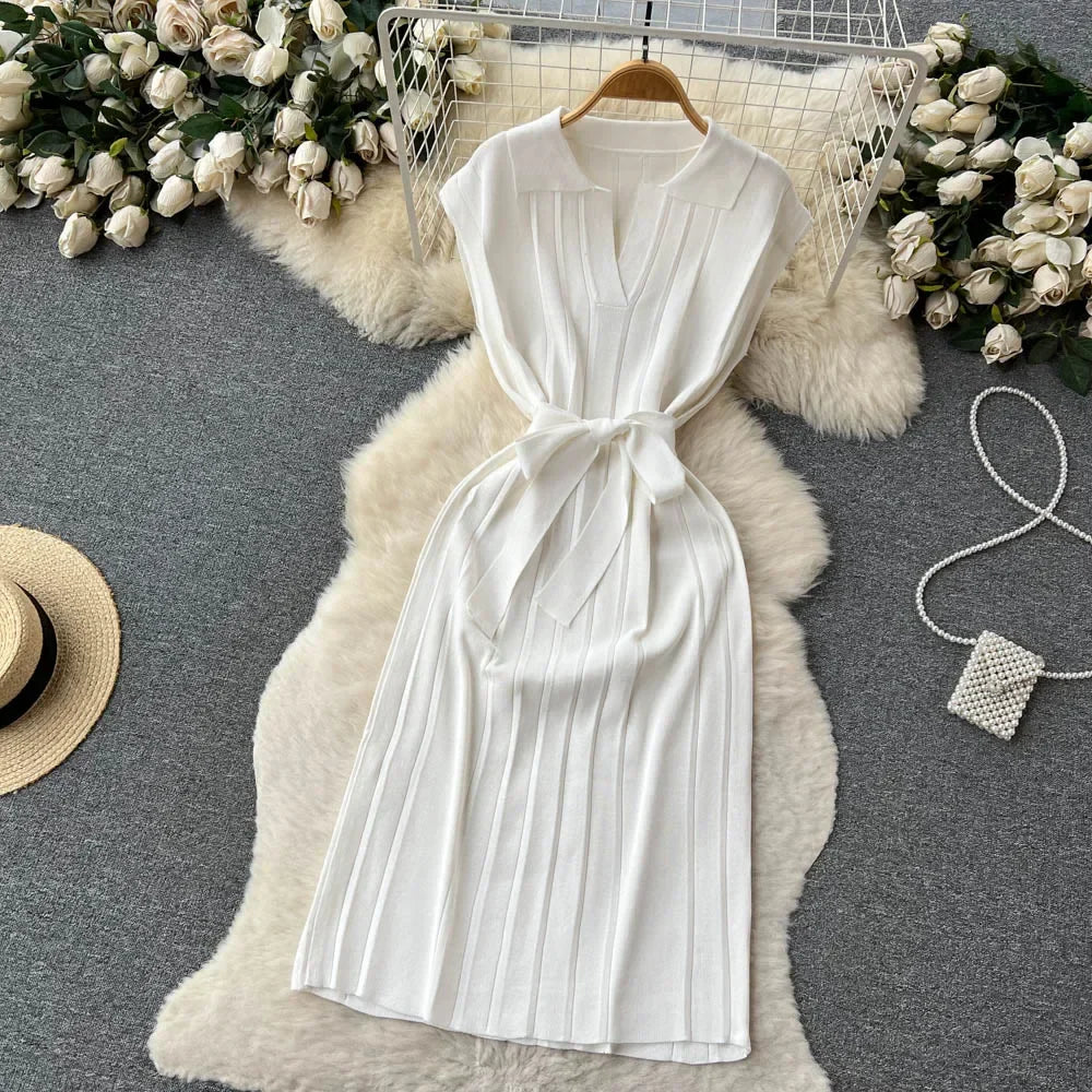 Solid Pleated Knitted Dress For Women Loose Fit Maxi