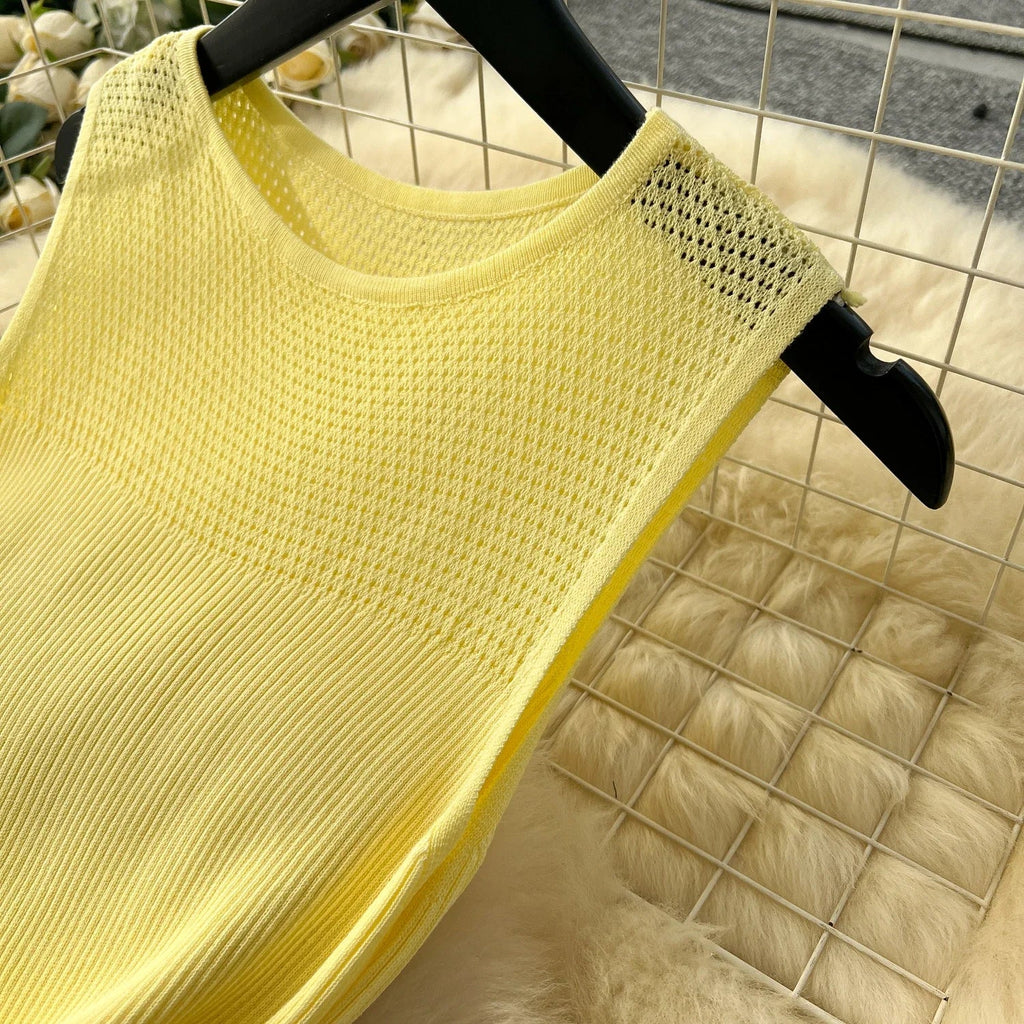 Hollow Out Knitted Dress Sleeveless O Neck A Line Midi