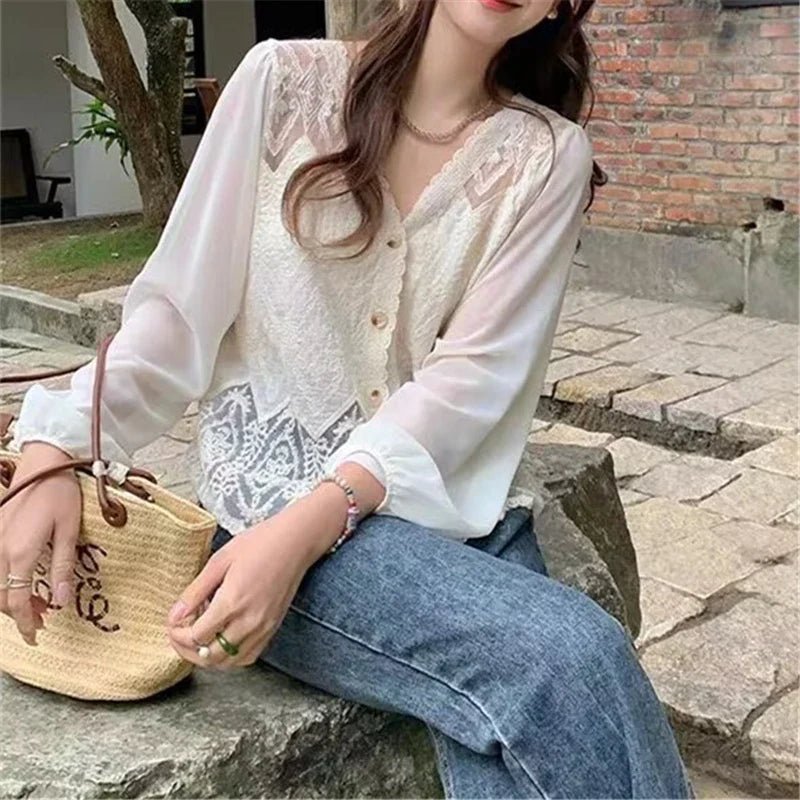 Lace Crochet Women's Blouse with V-Neck Patchwork Long Sleeve Single Breasted Shirt for Spring and Summer