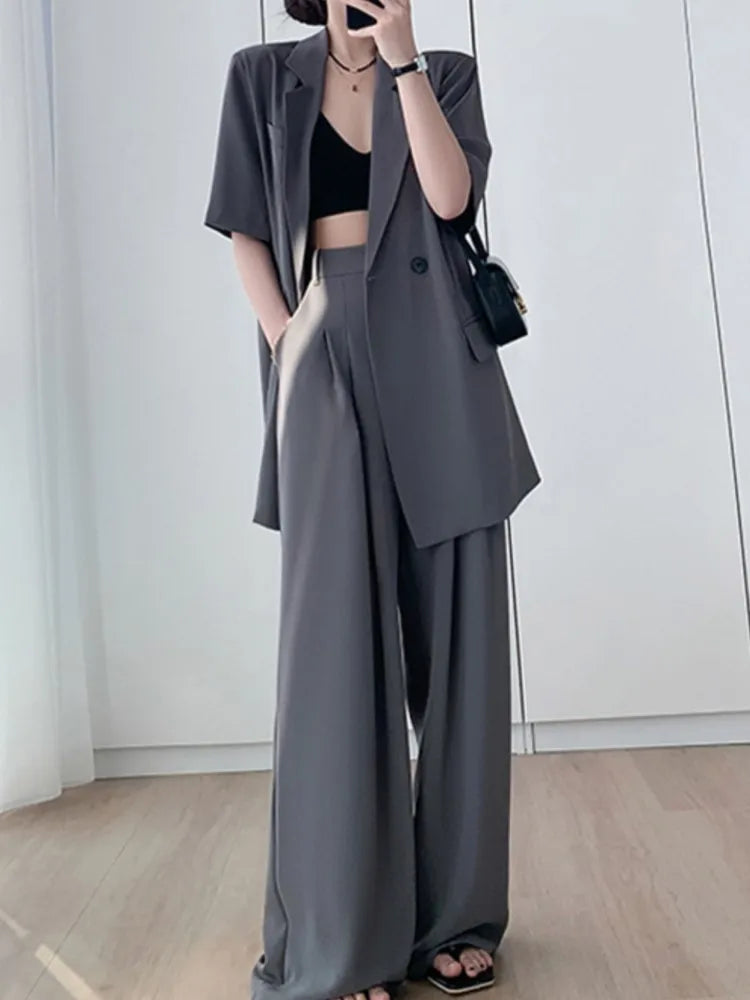 Short Sleeve Blazer Suit Set for Women - Stylish Two Piece Outfit
