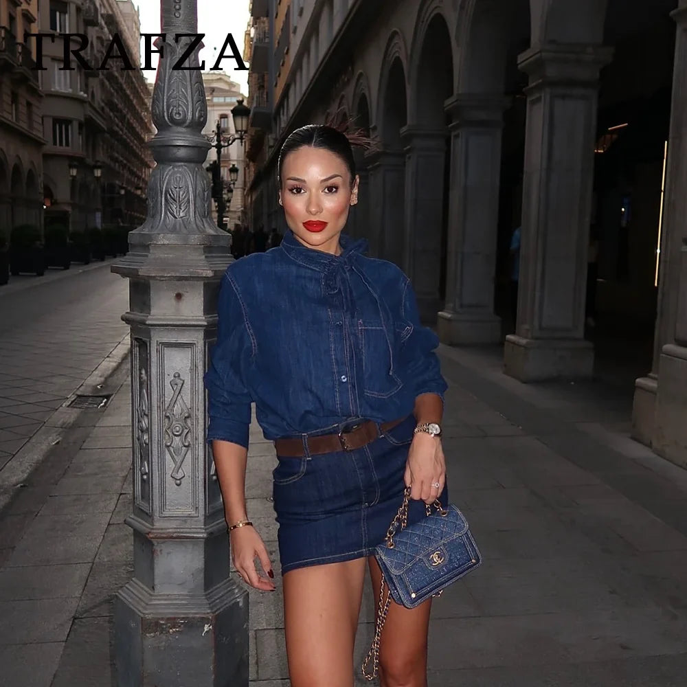 Women's Elegant Denim Shirt with Bowtie Single Breasted Casual Streetwear Autumn Winter Fashion Solid Button-Up