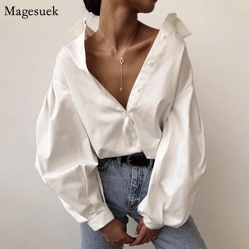 Women Vintage White Button-Up Blouse Casual Lantern Sleeve Oversized Loose Cotton Shirt Stylish Office Ladies Tops