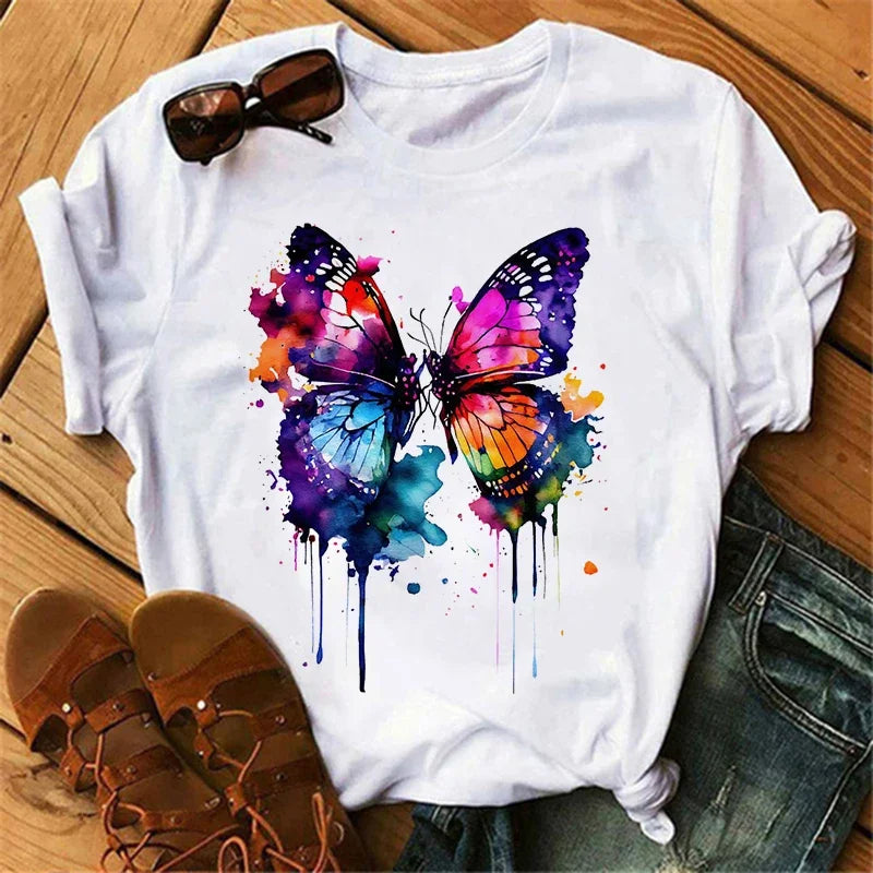 Women's Butterfly Tree Print Casual T-Shirt Round Neck Short Sleeve Summer Top