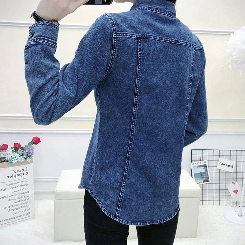 Women's High Quality Denim Shirt Long Sleeve Single Button Blouse with Pockets Casual Korean Style Autumn Winter Top