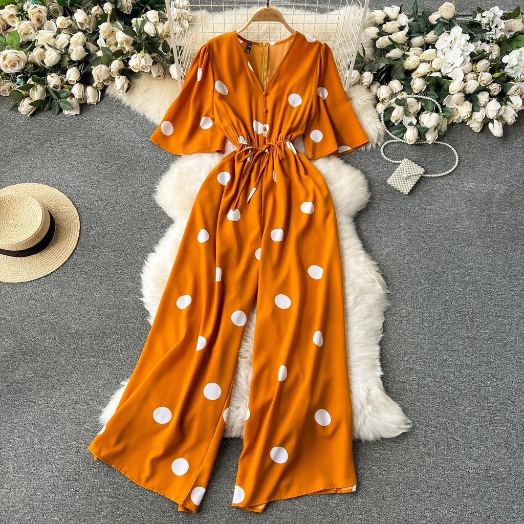 Women Wide Leg Polka Dot Jumpsuit with V Neck Dolman Sleeves and Slim Waist Design