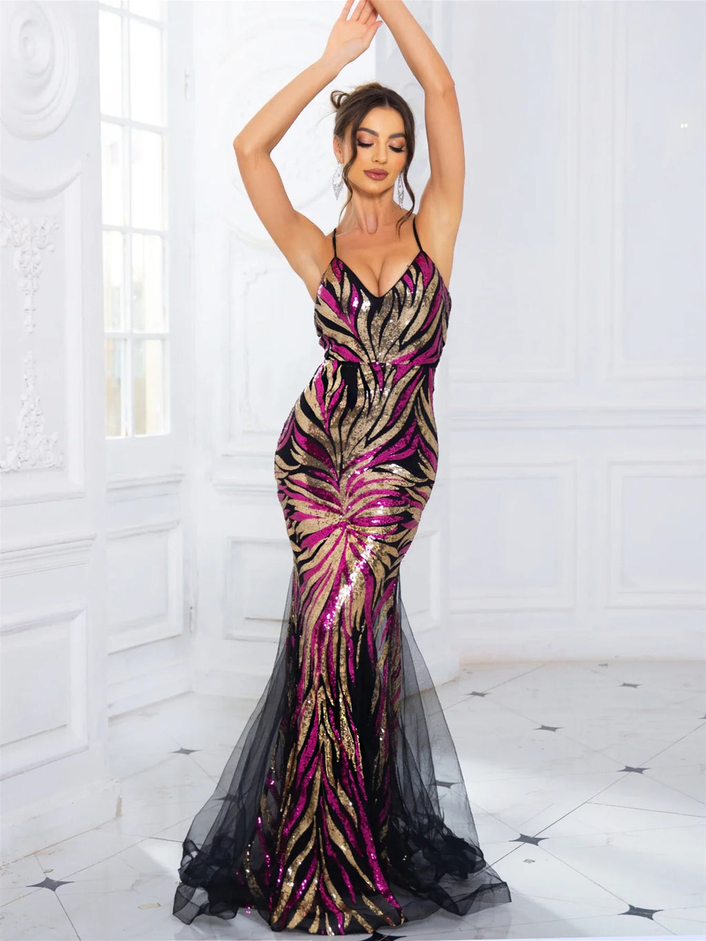 V Neck Lace Up Prom Dress Multicolor Mesh A Line Maxi Dress