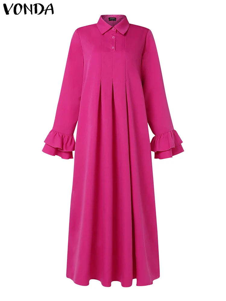 Bohemian Maxi Shirt Dress With Ruffle Pleats Long Sleeve